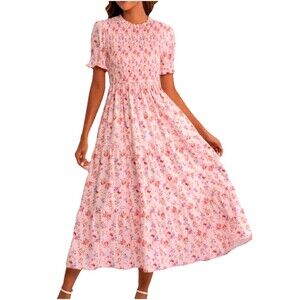 Petallush Pink Floral Smocked Midi Dress Cottagecore Ruffle Coquette S